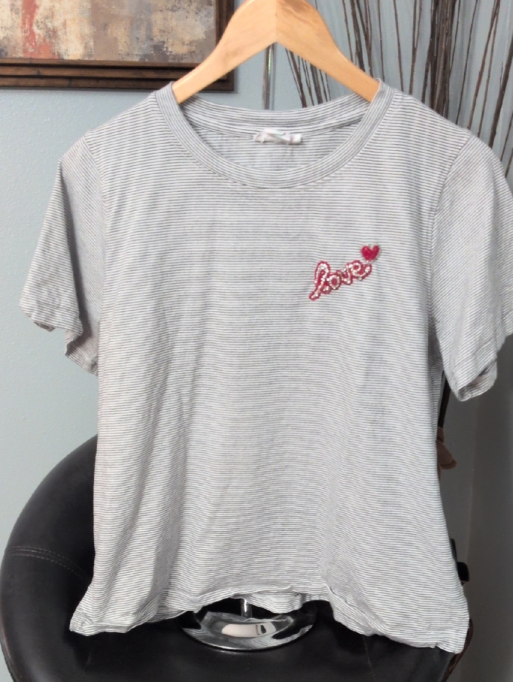 Women's Striped Short Sleeve Tee with Love Bead Emblem - White/Black
